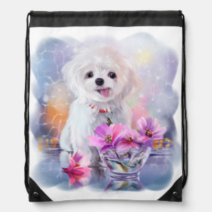 Fluffy white bichon puppy and flowers in a vase drawstring bag