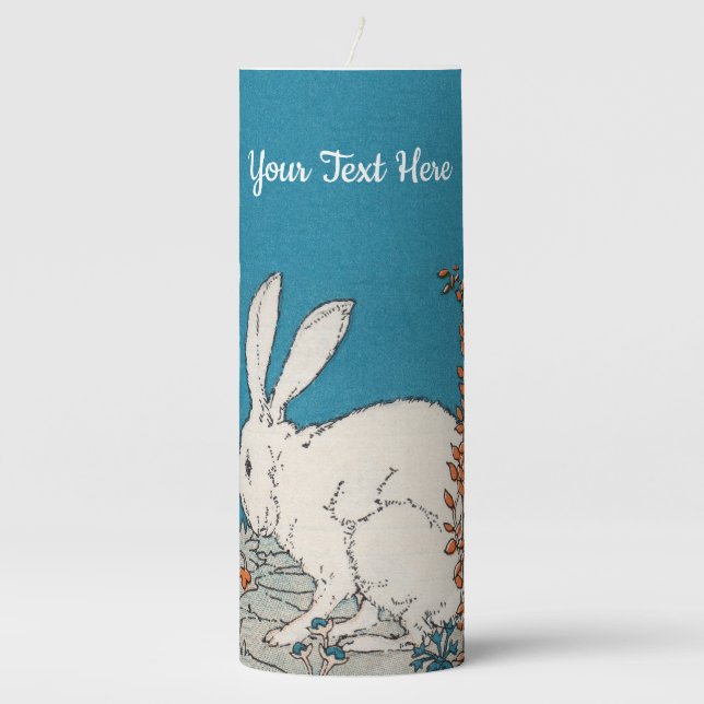 Fluffy White Bunny Rabbit Flowers Blue Pillar Candle (Front)
