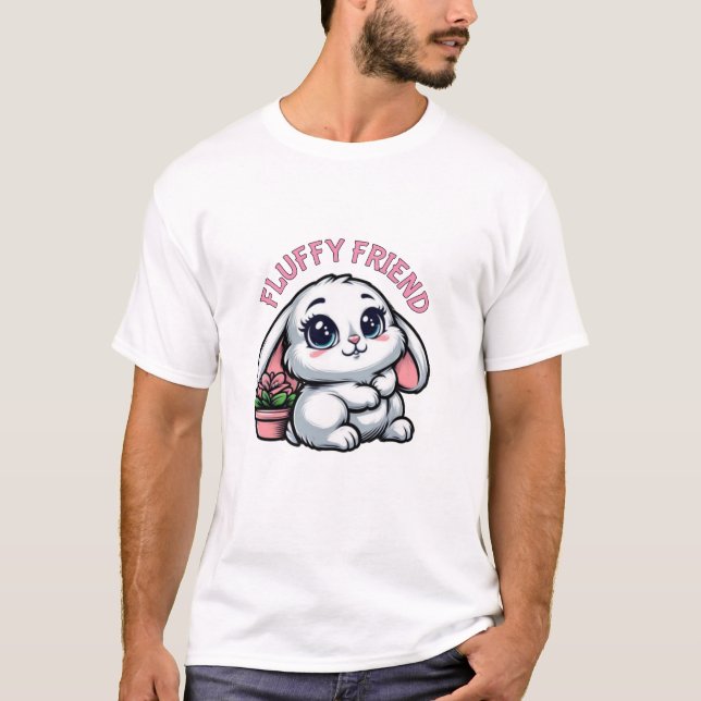 Fluffy White Bunny with Plant Pot T-Shirt (Front)