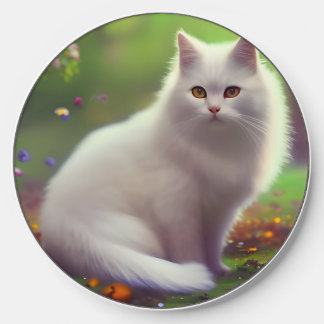 Fluffy White cat AI ART Wireless Charger