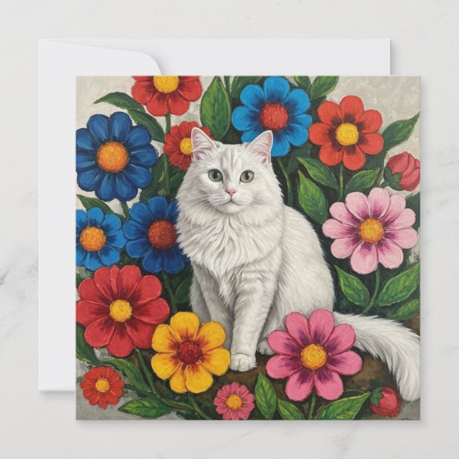 Fluffy White Cat and Folk Art Flowers (Front)