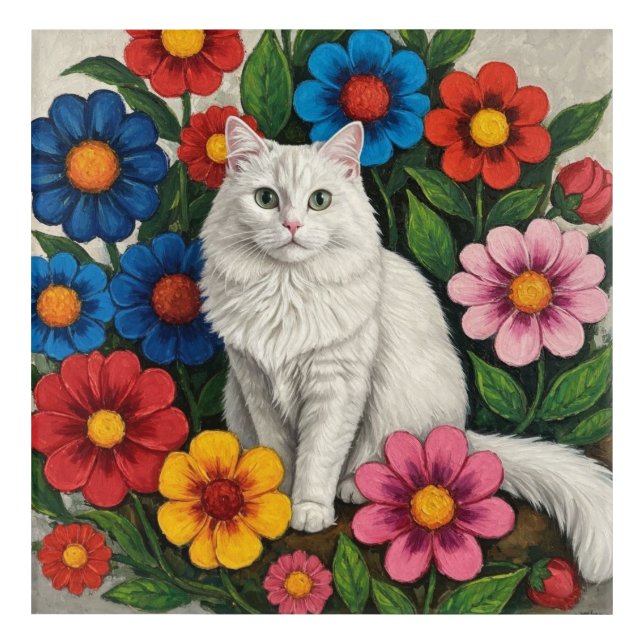 Fluffy White Cat and Folk Art Flowers (Front)
