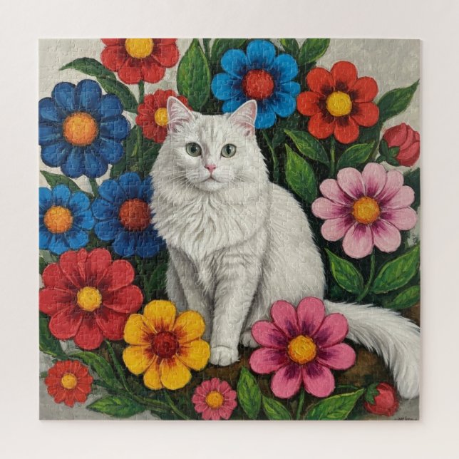 Fluffy White Cat and Folk Art Flowers Jigsaw Puzzle (Vertical)