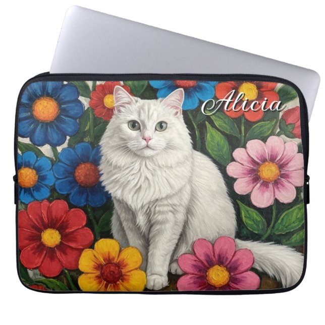 Fluffy White Cat and Folk Art Flowers Laptop Sleeve (Front)
