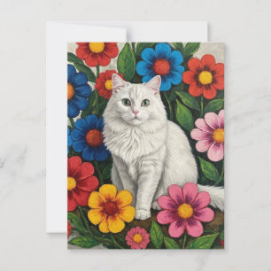 Fluffy White Cat and Folk Art Flowers Postcard