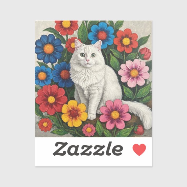 Fluffy White Cat and Folk Art Flowers Sticker (Sheet)