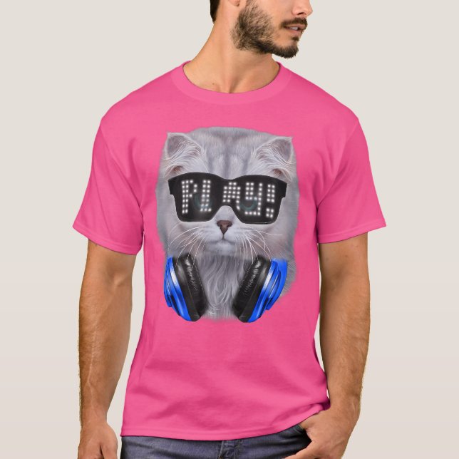 Fluffy White Cat As Dj Wearing Sunglass And Headph T-Shirt (Front)