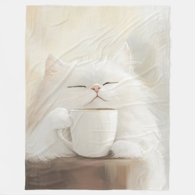 Fluffy White Cat Drinking Coffee – Cozy Whimsical Fleece Blanket (Front)
