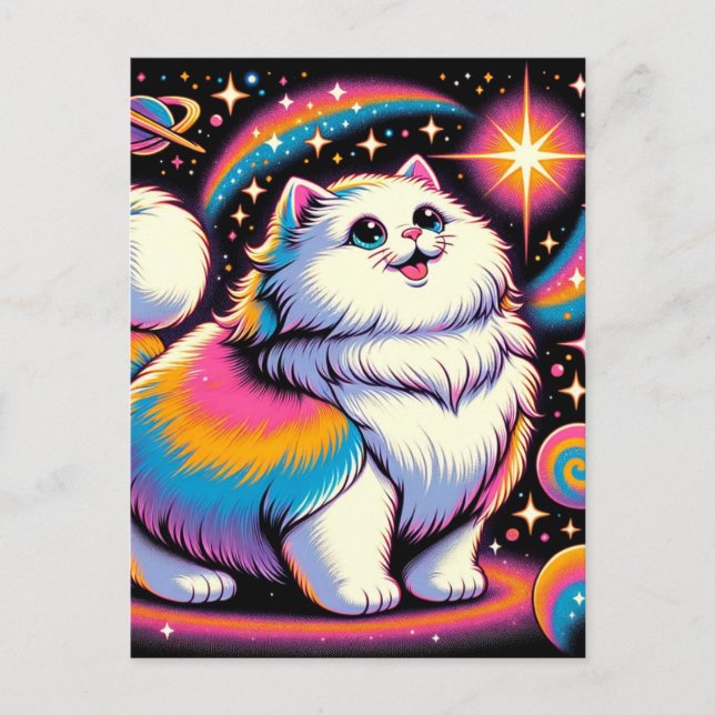 Fluffy White Cat in Space Postcard (Front)