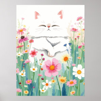 Fluffy white cat in wildflower meadow, cute floral poster