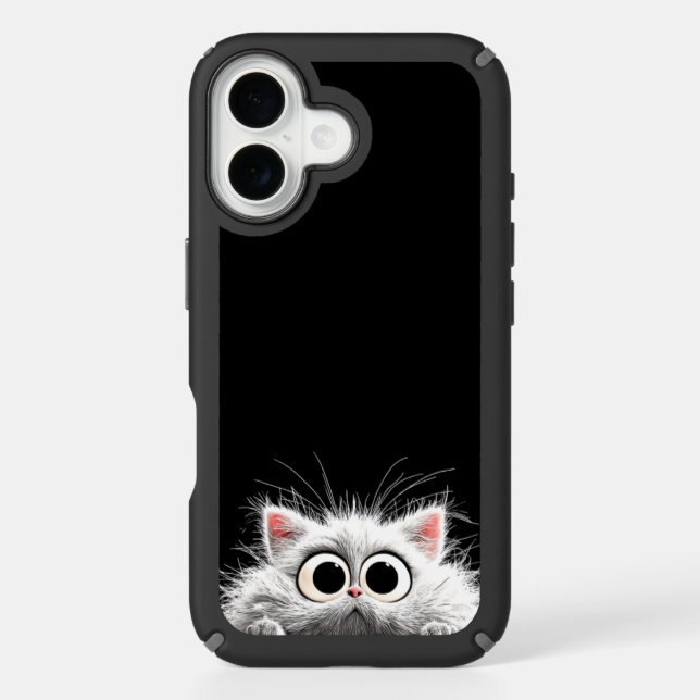 Fluffy White Cat Peeking – Funny iPhone 16 Case (Front)