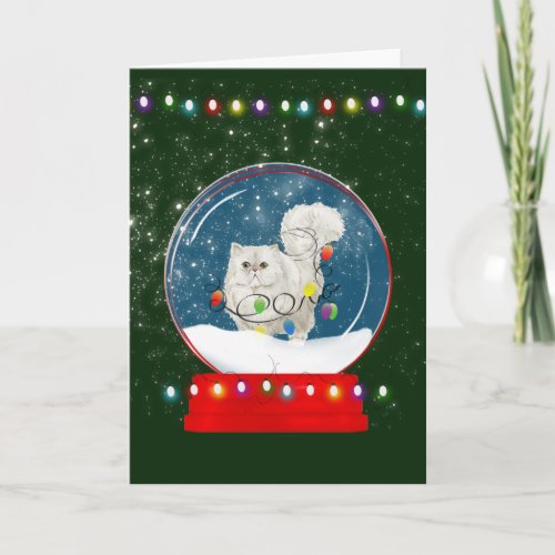 Fluffy White Cat Snow Globe Christmas Card