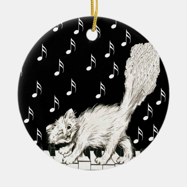 Fluffy White Cat Walking on Piano Keys Music Notes Ceramic Ornament (Front)