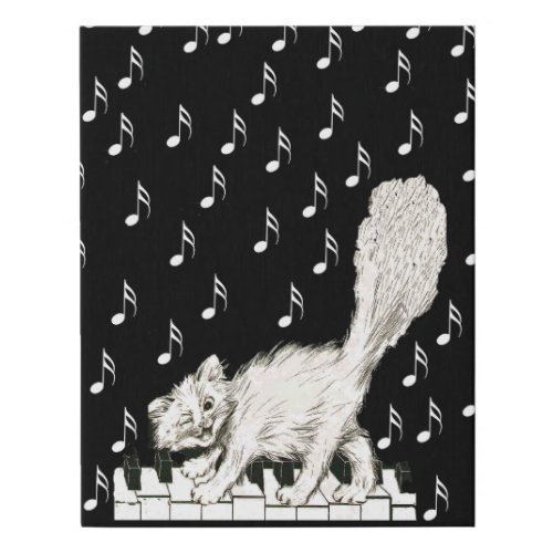 Fluffy White Cat Walking on Piano Keys Music Notes Faux Canvas Print