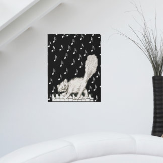 Fluffy White Cat Walking on Piano Keys Music Notes Faux Canvas Print