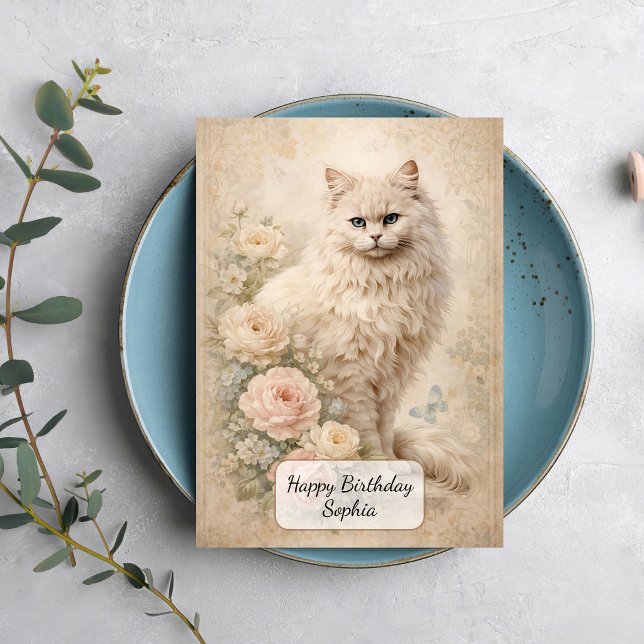 Fluffy White Cat with Roses Card (Creator Uploaded)