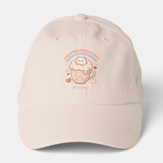 Fluffy White Cute Cat Coffee Latte Pastel Performance Cap (Front)