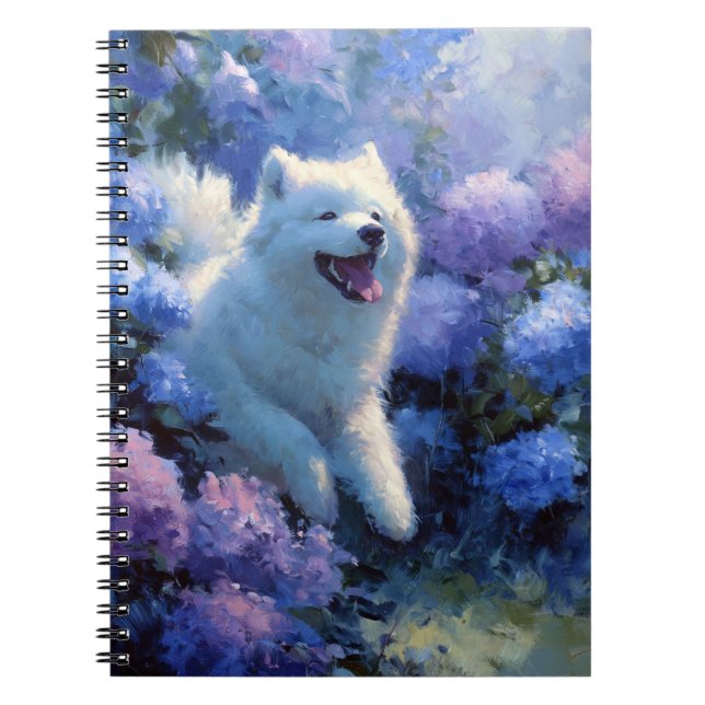 Fluffy White Dog Among Blue Hydrangeas Notebook (Front)