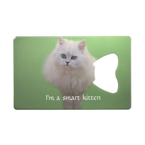 Fluffy white kitten credit card bottle opener