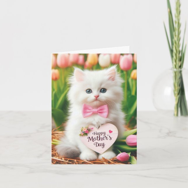 Fluffy White Kitten in Tulip Field Card (Front)
