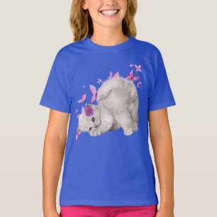 Fluffy White Kitten Surrounded by Pink Flowers and T-Shirt
