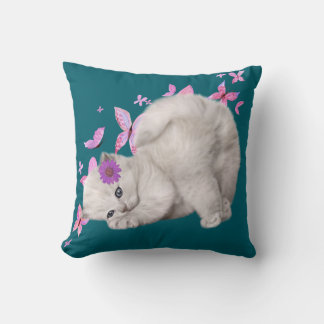 Fluffy White Kitten Surrounded by Pink Flowers and Throw Pillow