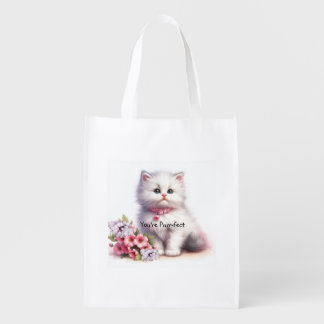 Fluffy White Kitten You're Purr-fect Grocery Bag