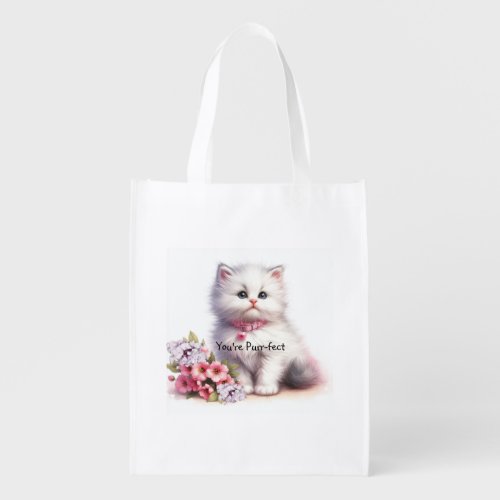 Fluffy White Kitten Youre Purr_fect Grocery Bag