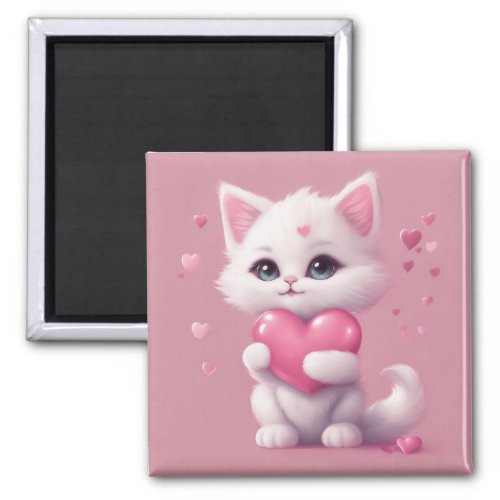 Fluffy White Love Kitten Magnet