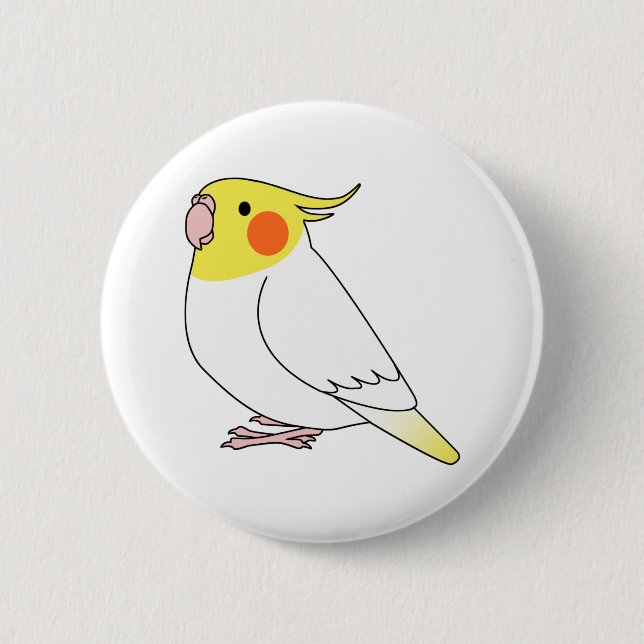 Fluffy white lutino cockatiel parrot cartoon button (Front)