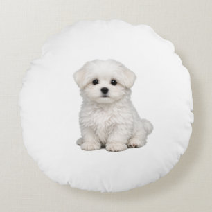 Fluffy White Maltese Puppy Portrait Cute Dog Lover Round Pillow