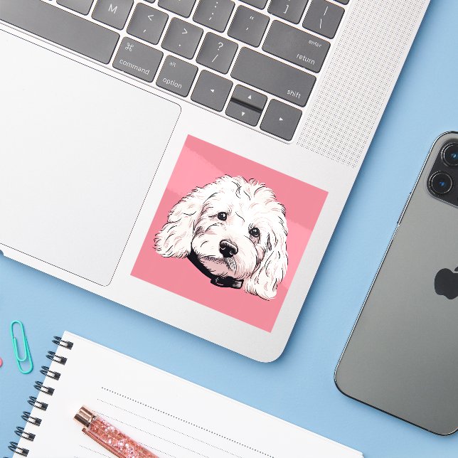 Fluffy White Maltipoo Dog Face Square Sticker (Laptop w/ iPhone)