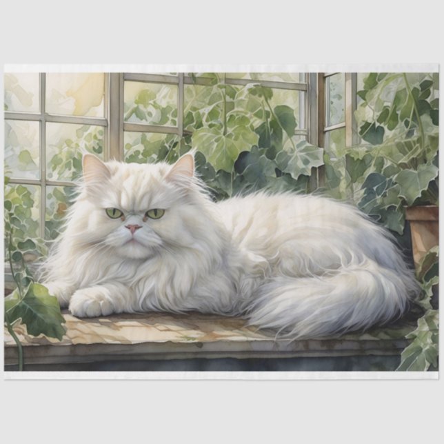 Fluffy White Persian Cat in a Garden Decoupage Tissue Paper (Front)