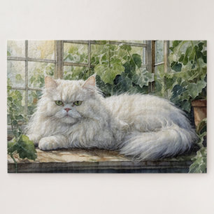 Fluffy White Persian Cat in a Garden Jigsaw Puzzle