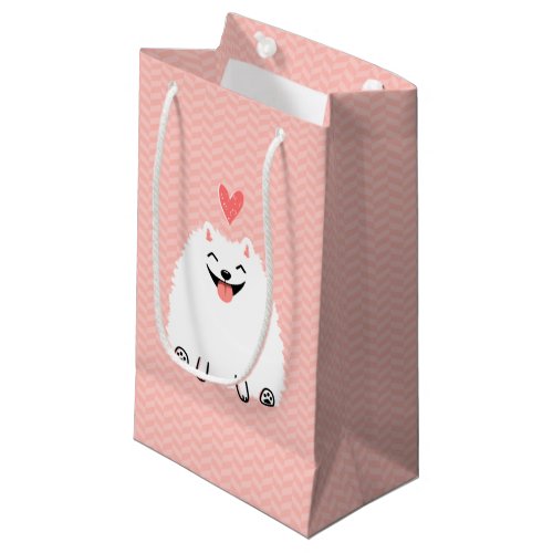 Fluffy White Pomeranian with Valentine Heart Small Gift Bag