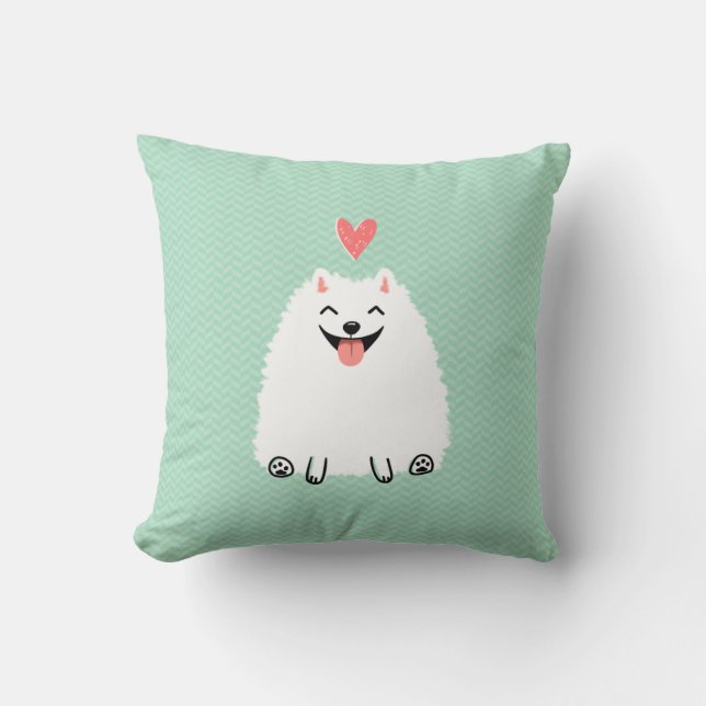 Fluffy White Pomeranian with Valentine Heart Throw Pillow (Front)