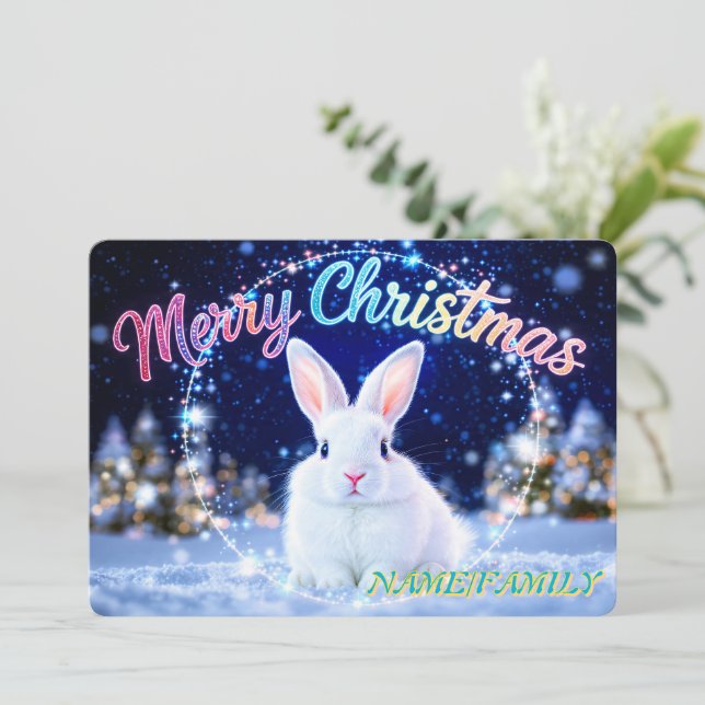 Fluffy White Rabbit in Magical Winter Forest Holiday Card (Standing Front)