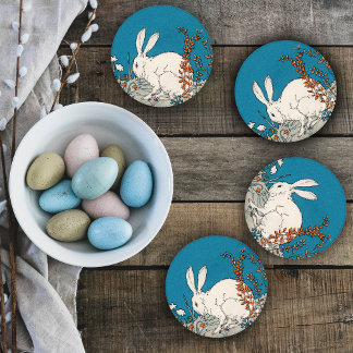 Fluffy White Rabbit on Grey Ground in Flowers Blue Coaster Set