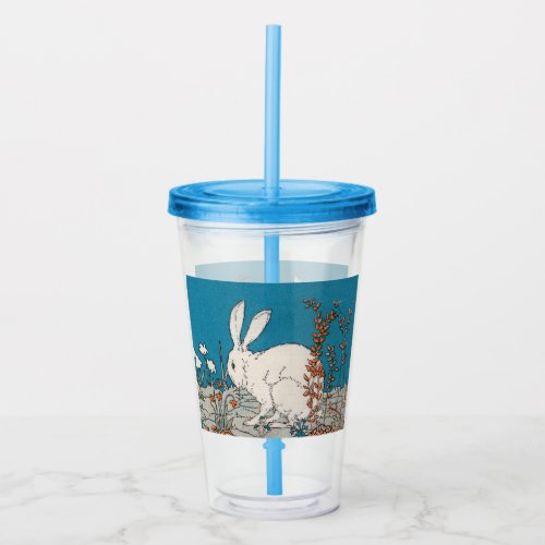 Fluffy White Rabbit Sitting Among Flowers Blue Acrylic Tumbler