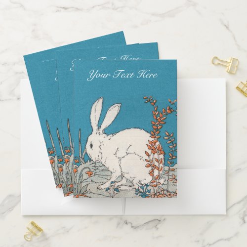 Fluffy White Rabbit Sitting Among Flowers Blue Pocket Folder