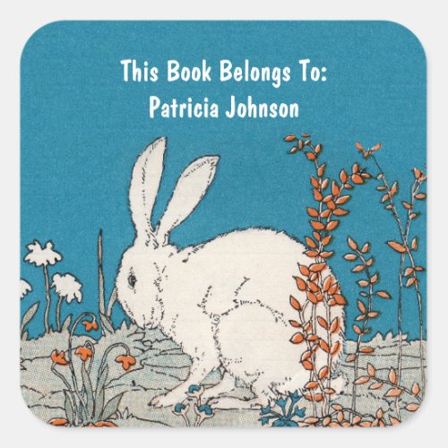 Fluffy White Rabbit Sitting in Flowers Blue Book Square Sticker