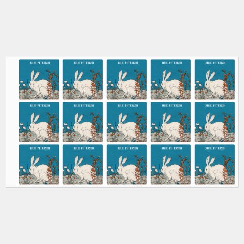 Fluffy White Rabbit Sitting in Flowers on Blue Kids Labels