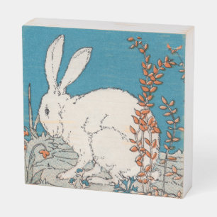 Fluffy White Rabbit Sitting in orange Flowers Blue Wooden Box Sign