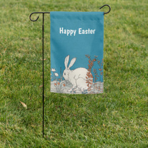 Fluffy White Rabbit Sitting on Flowers on Ground Garden Flag