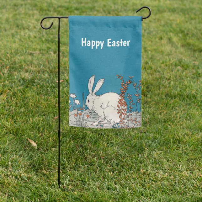 Fluffy White Rabbit Sitting on Flowers on Ground Garden Flag (In SItu)