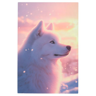 Fluffy White Samoyed Dog Pink Winter Sky Sunset Metal Print