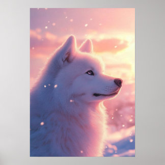 Fluffy White Samoyed Dog Pink Winter Sky Sunset Poster