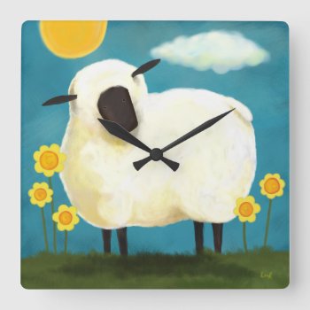 Fluffy White Sheep & Flowers Wall Clock by LisaMarieArt at Zazzle