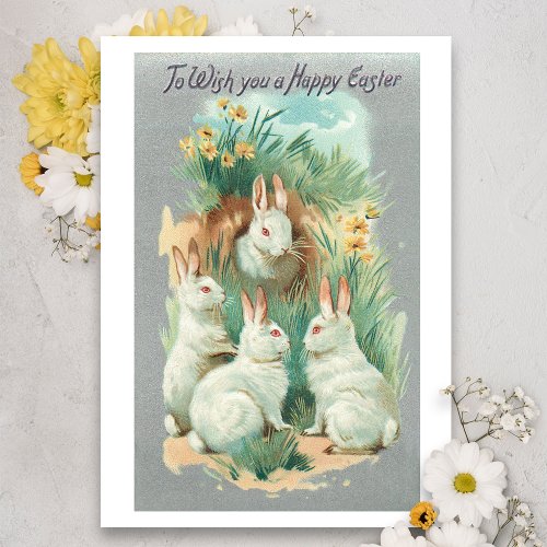 Fluffy White Vintage Easter Bunnies Holiday Card