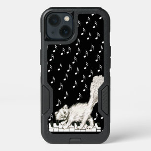 Fluffy White Winking Cat on Piano Keys Music Notes iPhone 13 Case